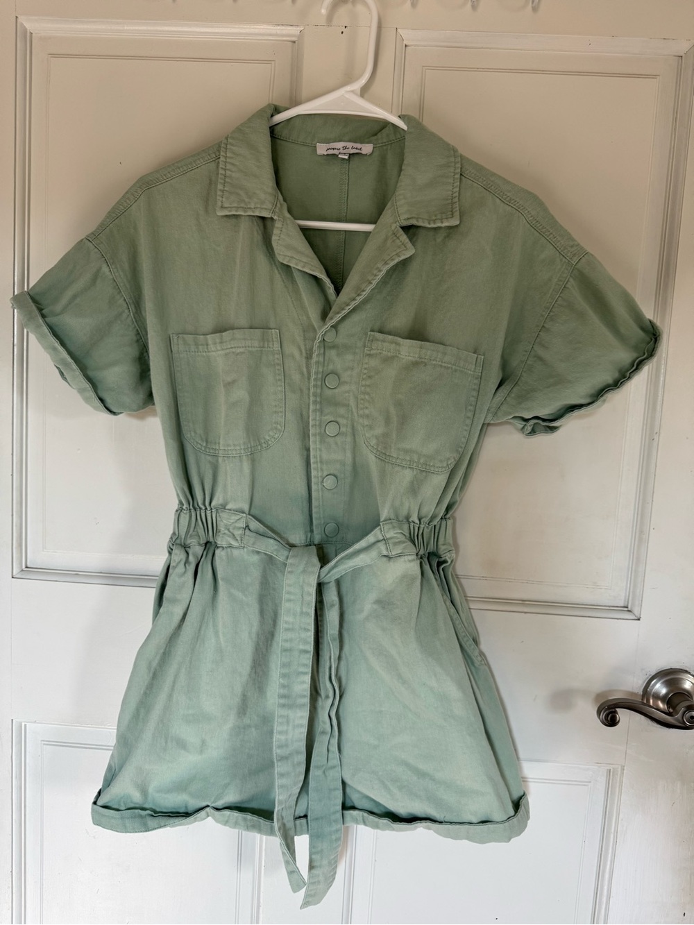 Jacqui E Sage Green Tie-Waist Short Sleeve Utility Top